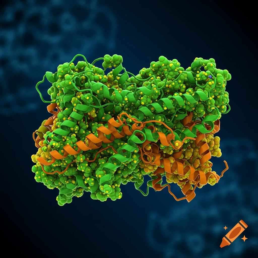 A detailed 3D rendering of a complex molecular structure in green and orange on a dark blue background.