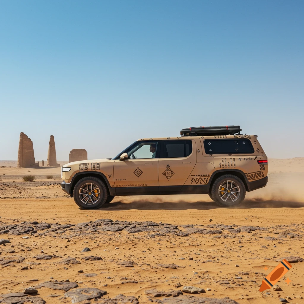 Beige SUV driving through a sandy desert landscape with rock formations in the background.