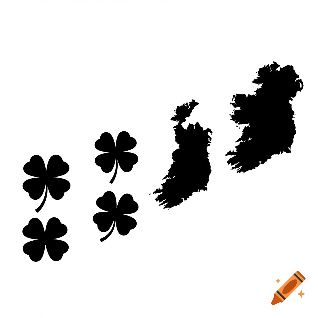 Black silhouettes of four-leaf clovers evolving into the map of Ireland on a white background.