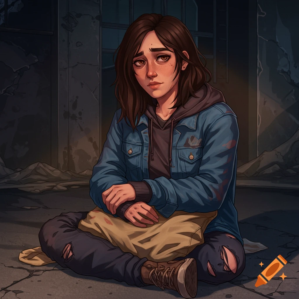 Illustration of a sad young woman sitting on the ground in a ruined area.