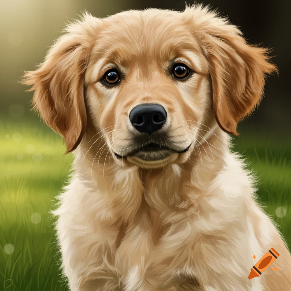 Close-up portrait of a golden retriever puppy sitting in green grass, illustrated style.