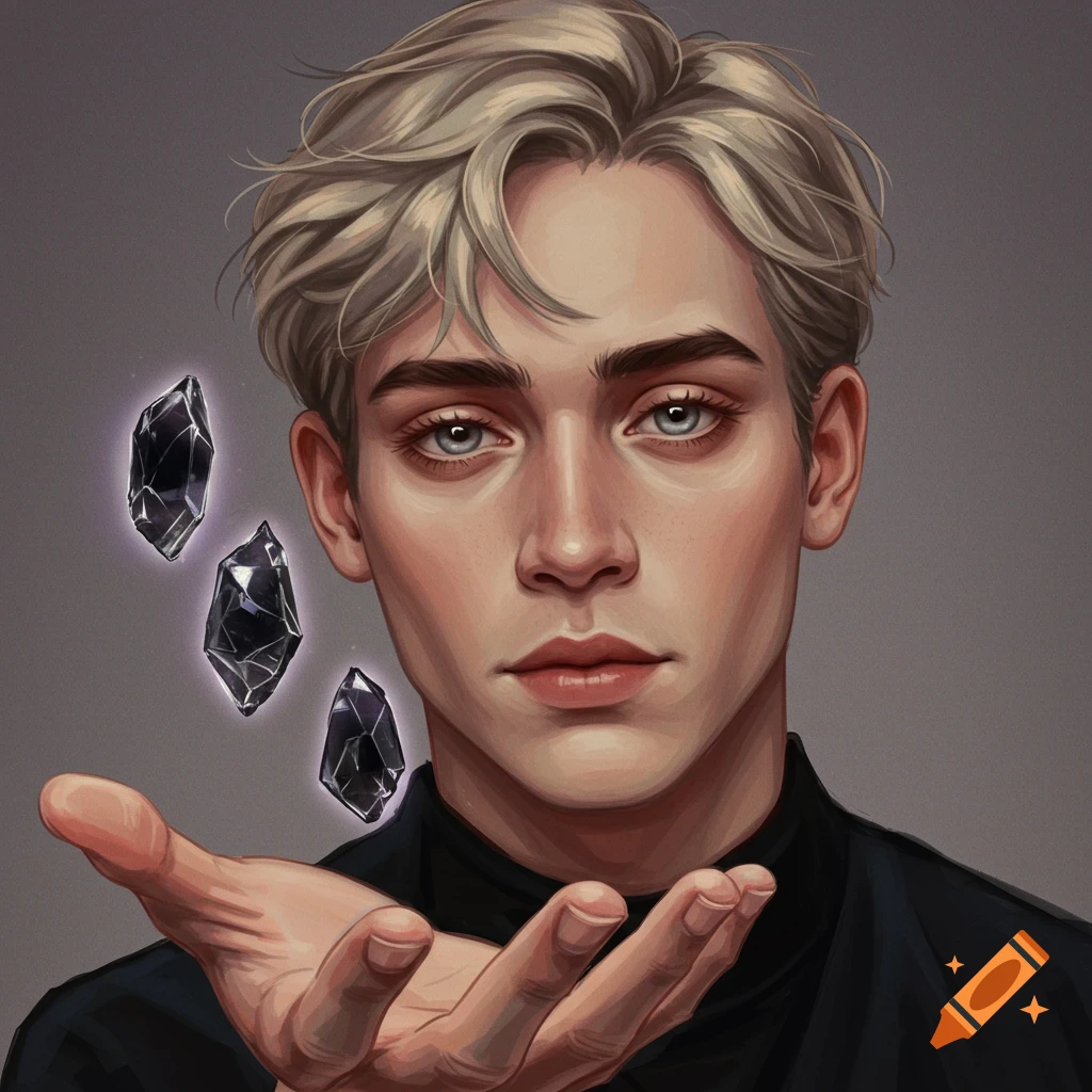 Portrait of a young man with light hair holding three dark floating crystals.