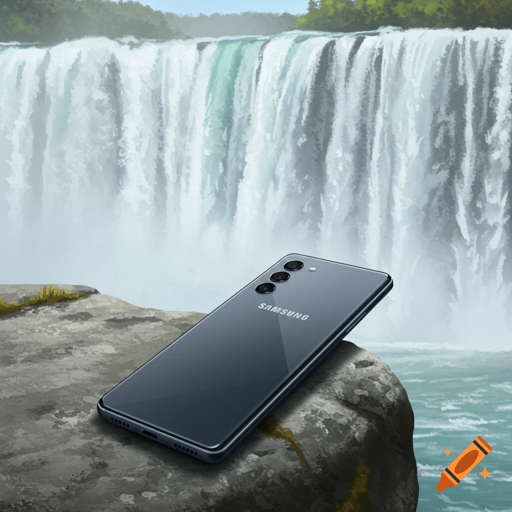 Samsung phone on a rock by a waterfall, illustration