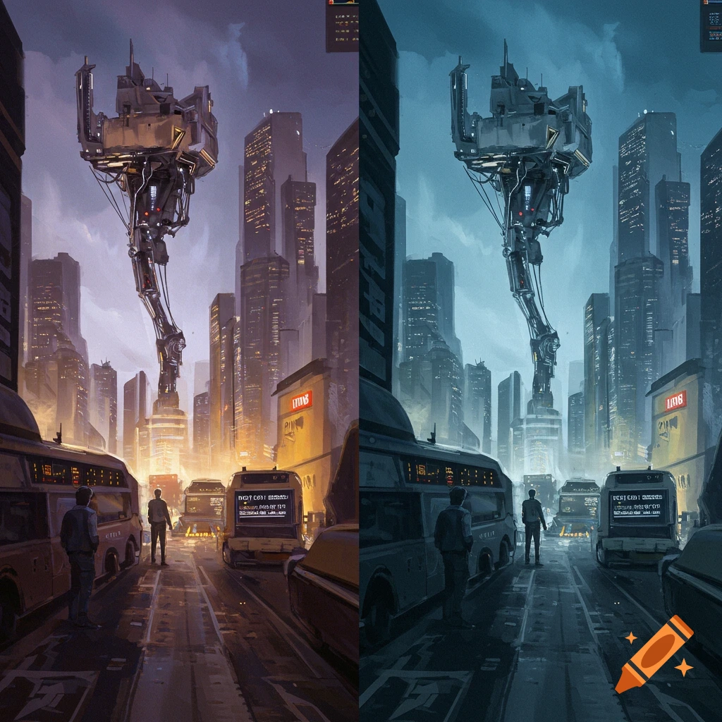 Split image of a futuristic city street with tall buildings, vehicles, and a large mechanical structure at twilight.