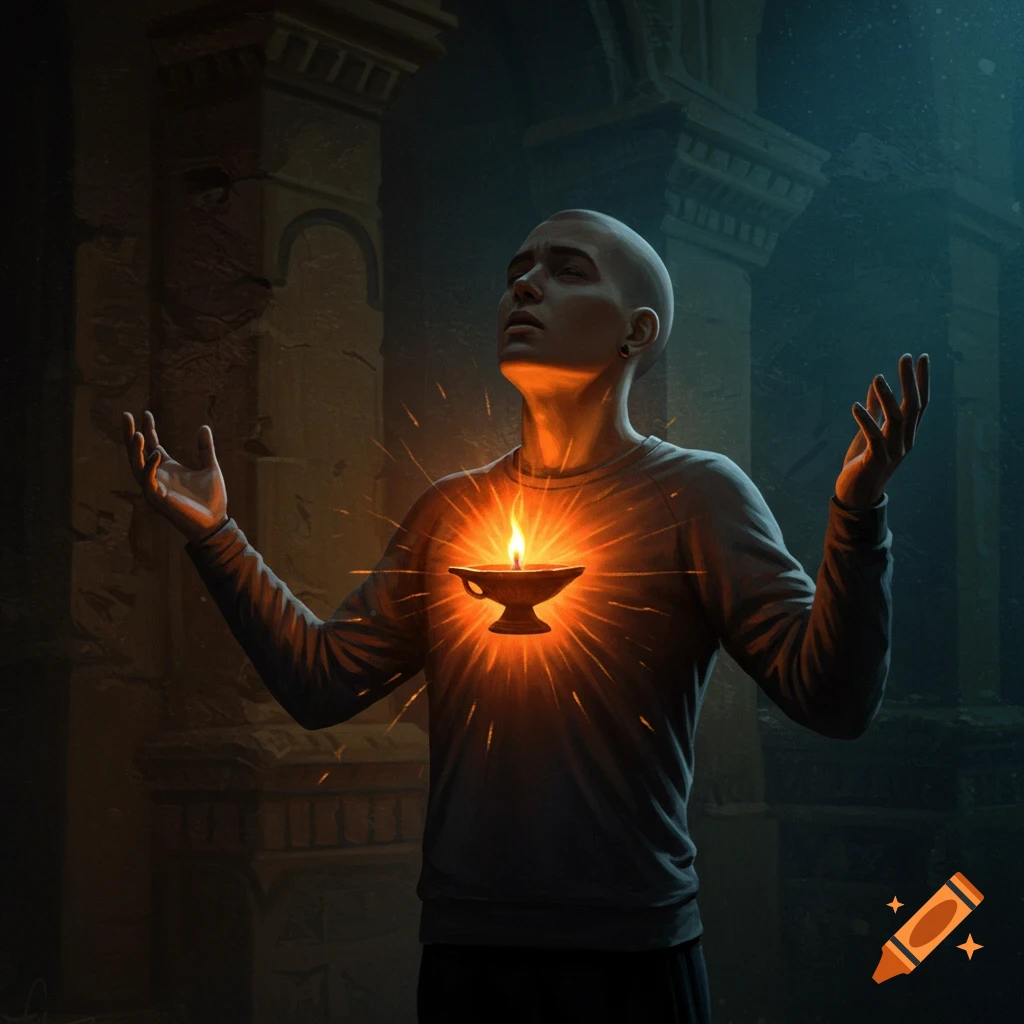 Person with arms raised and a glowing lamp in their chest stands in dark, ancient ruins.