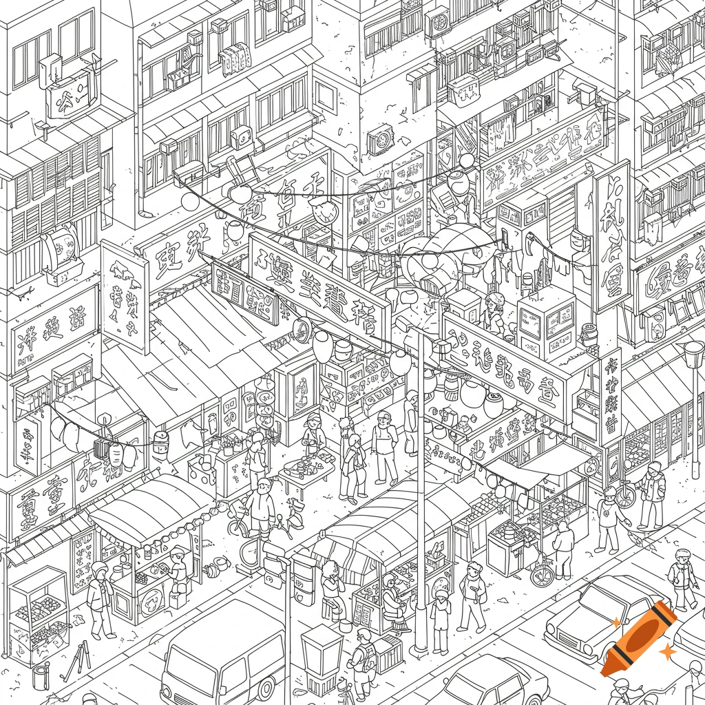Isometric line art of a busy Hong Kong street scene with many shops, market stalls, pedestrians, and vehicles, in a coloring book style.