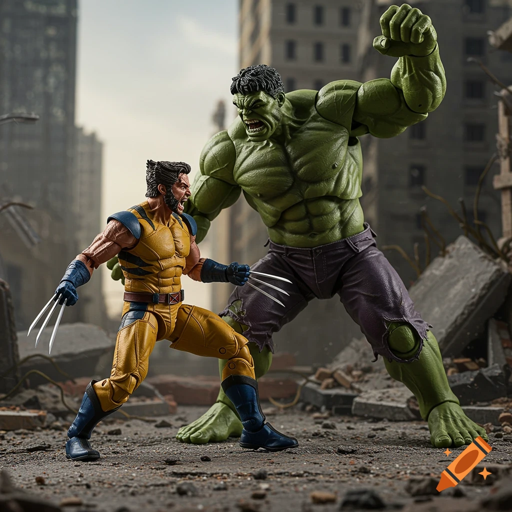 Wolverine battles Hulk in a ruined city, photorealistic style
