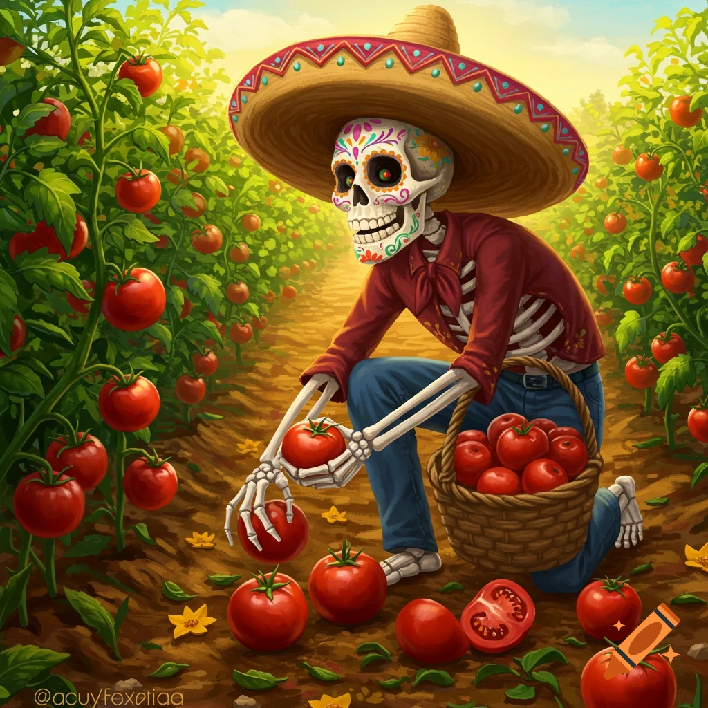 A stylized skeleton in a sombrero and traditional clothes picks tomatoes in a sunny field.