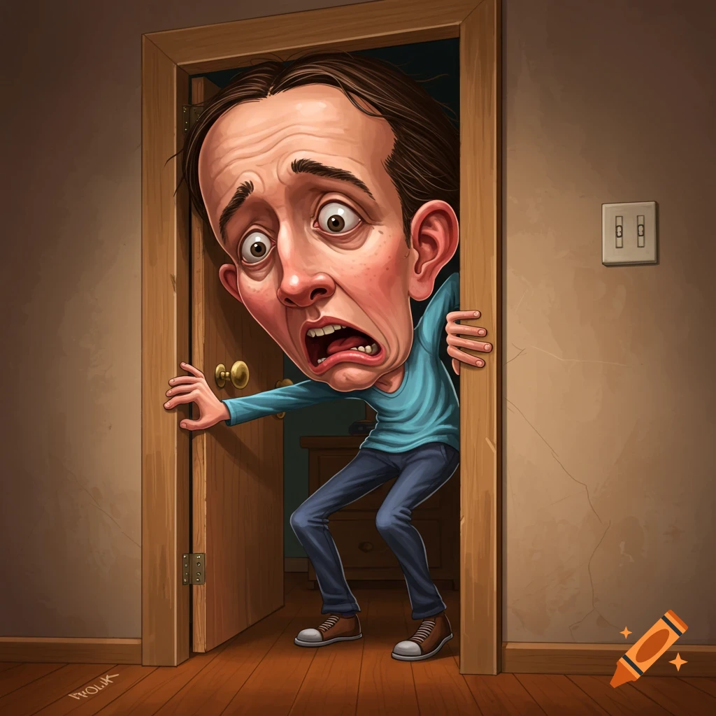 Person with giant head stuck in door frame