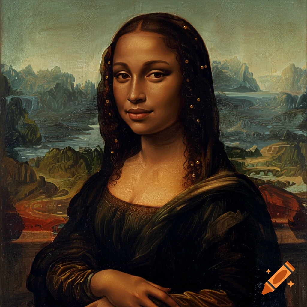 A portrait of a black woman in the style of the Mona Lisa painting against a landscape background.