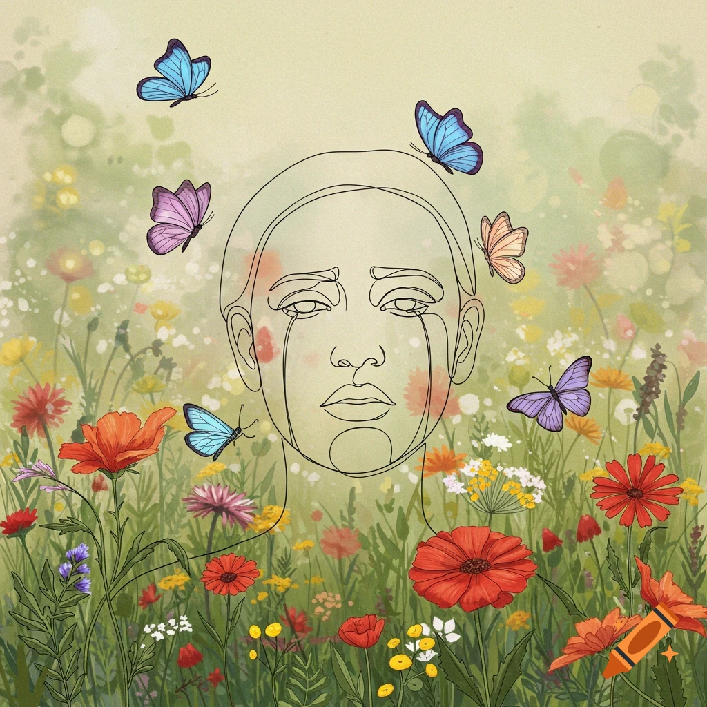 A line art face with tears surrounded by colorful wildflowers and butterflies.