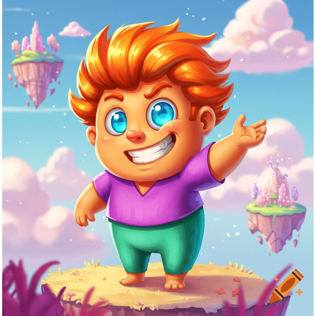 Cartoon boy with orange hair smiles and waves from a floating island in a fantasy sky with castles.