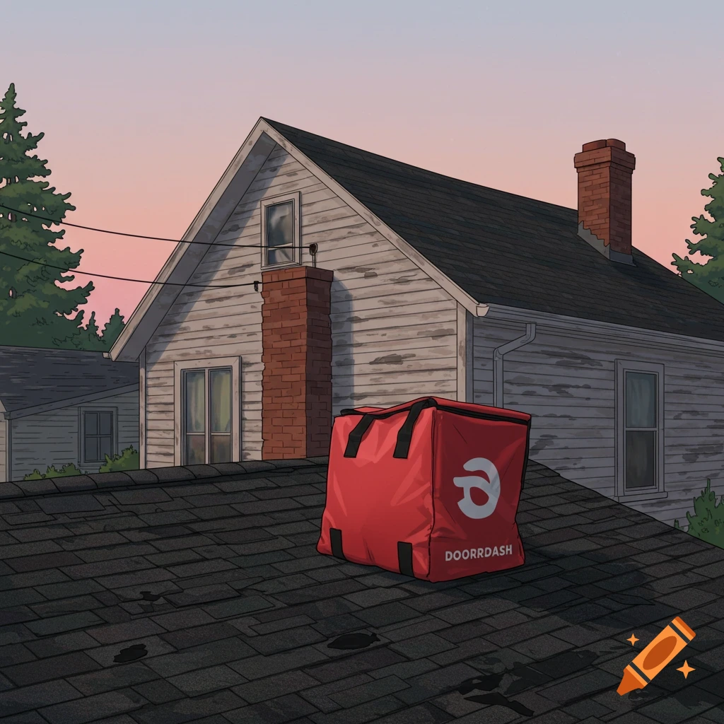Illustration of a red delivery bag on a house roof at dusk.