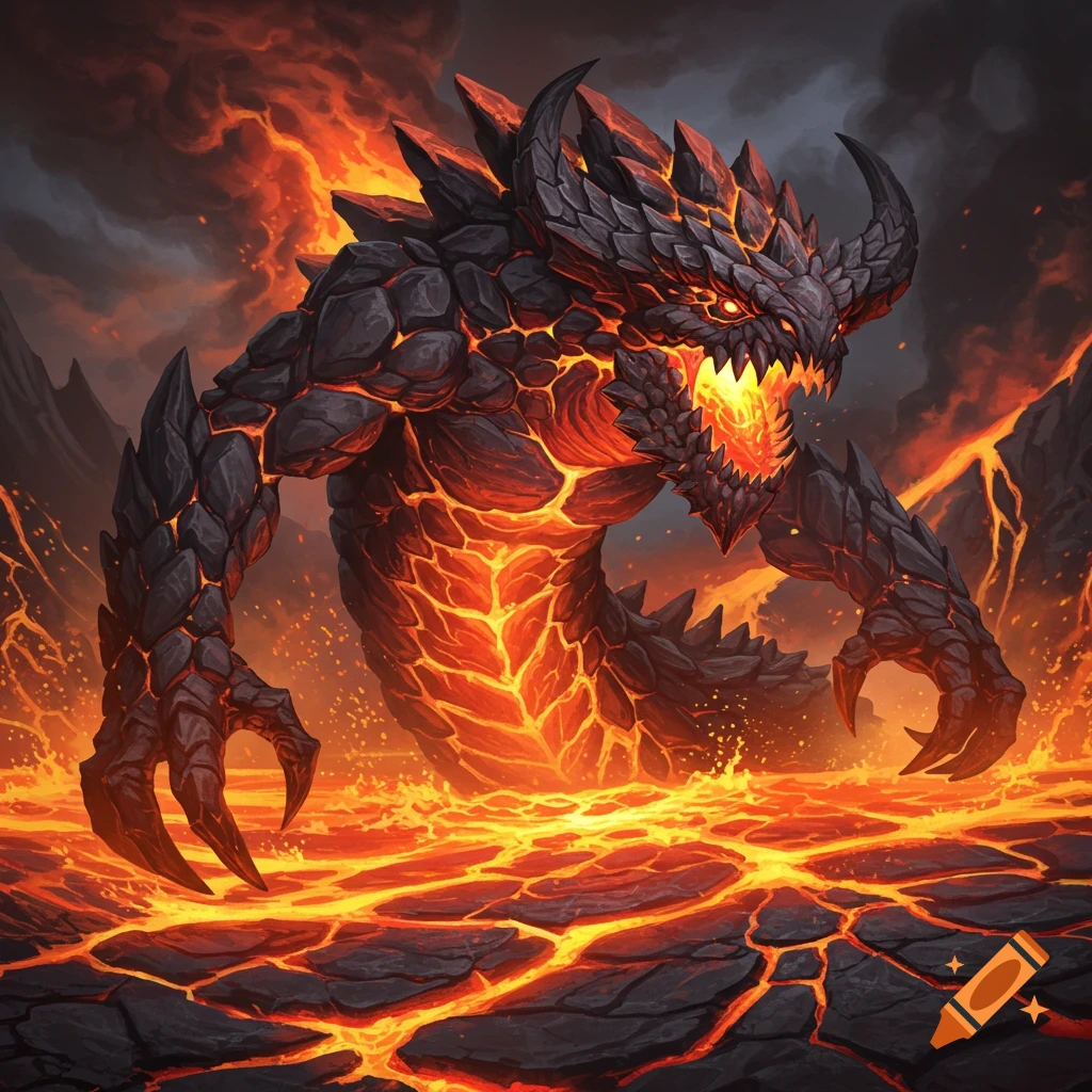 Giant creature made of rock and lava stands in a pool of fire, illustration style