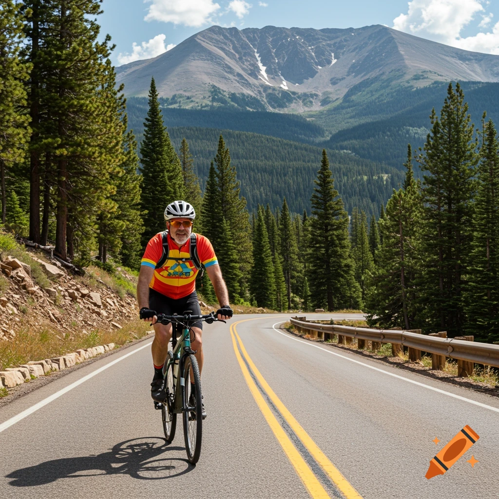 Man rides a bike on a mountain road with pine trees and a large mountain behind him