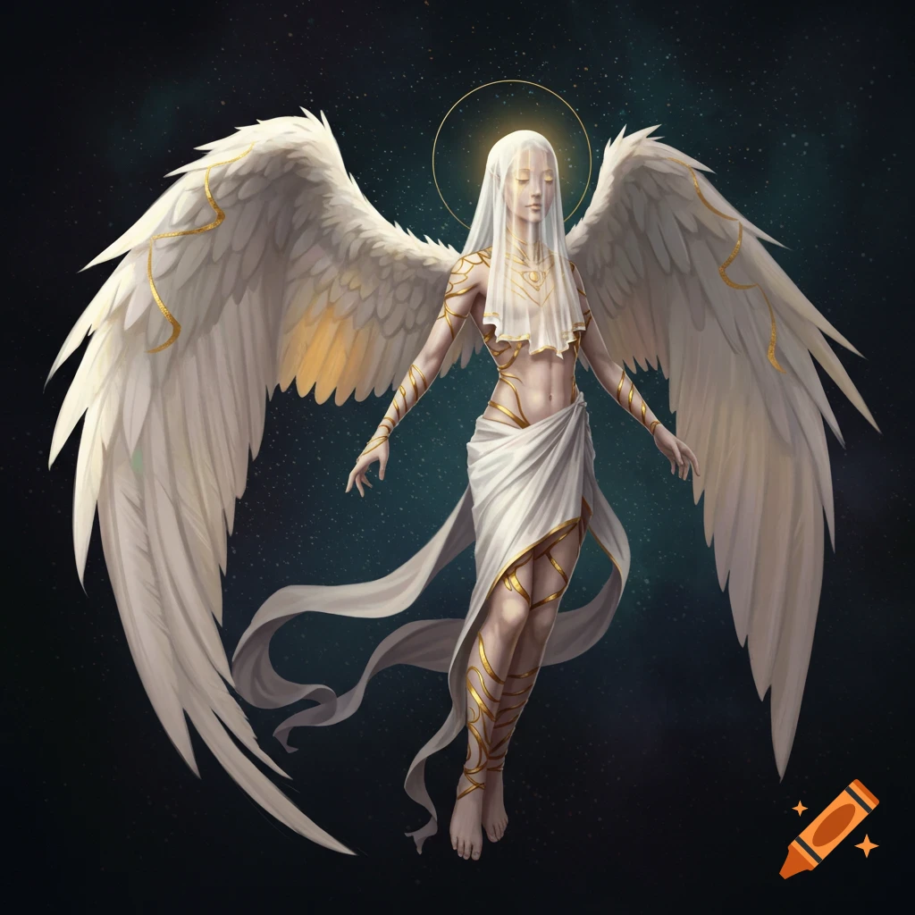 A veiled seraph with large white wings and gold accents floats against a starry background.