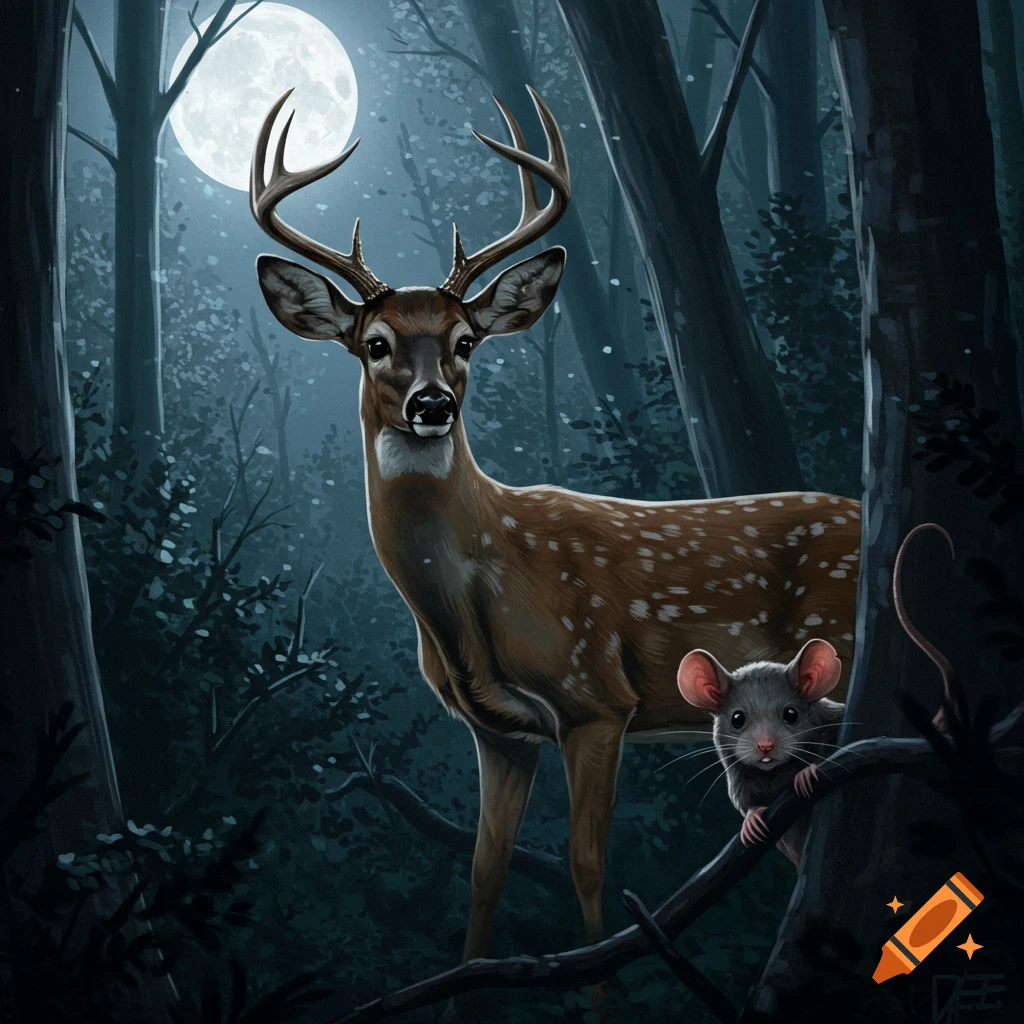 An illustration of a deer and a mouse in a moonlit forest