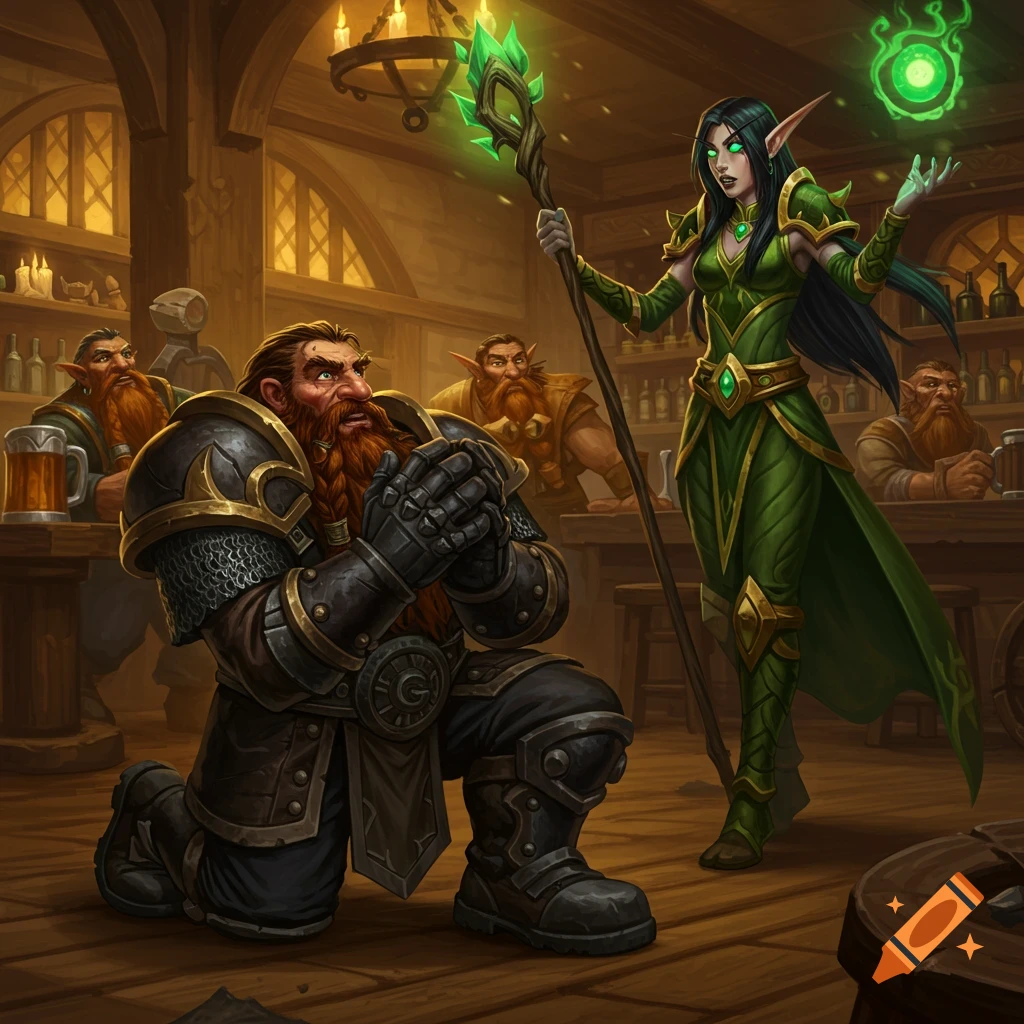 Fantasy illustration of a dwarf kneeling before an elf woman in a tavern.
