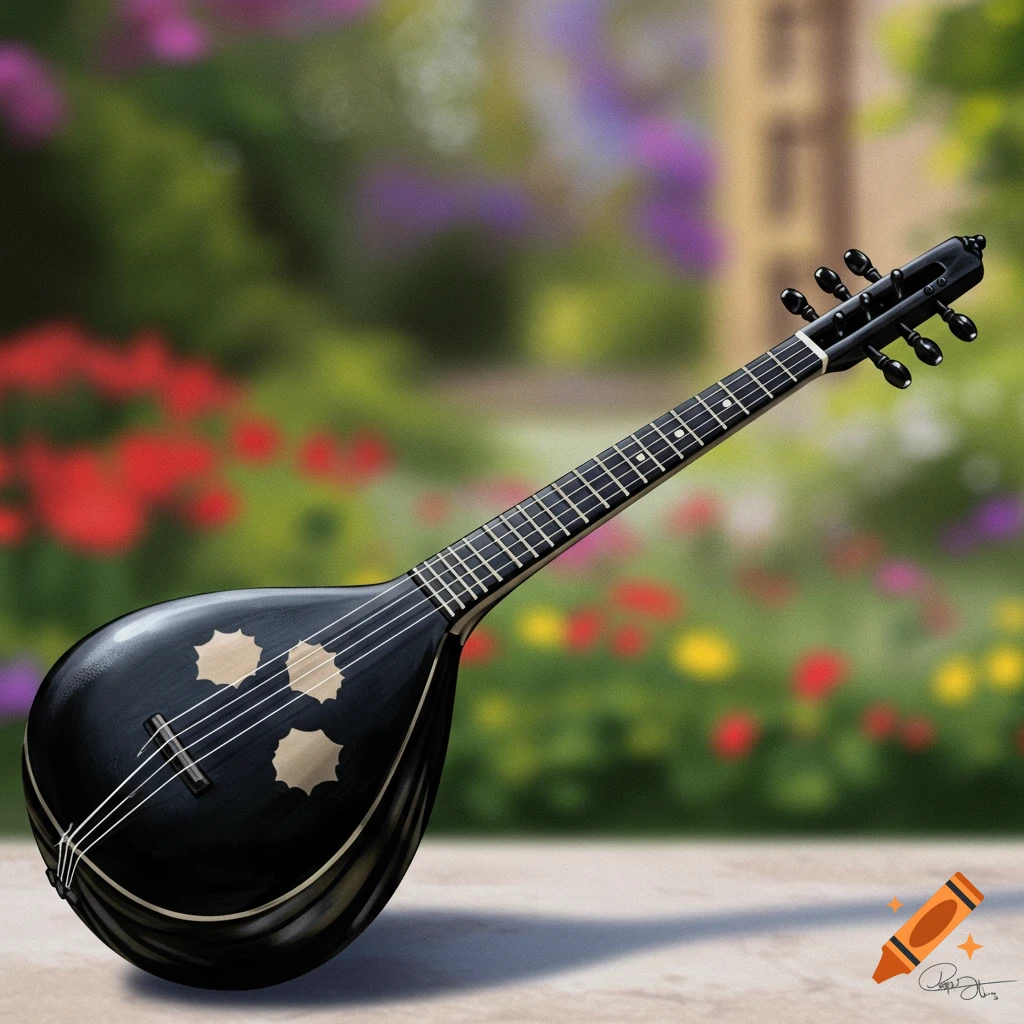 A black stringed instrument sits on the ground with a blurry floral background.