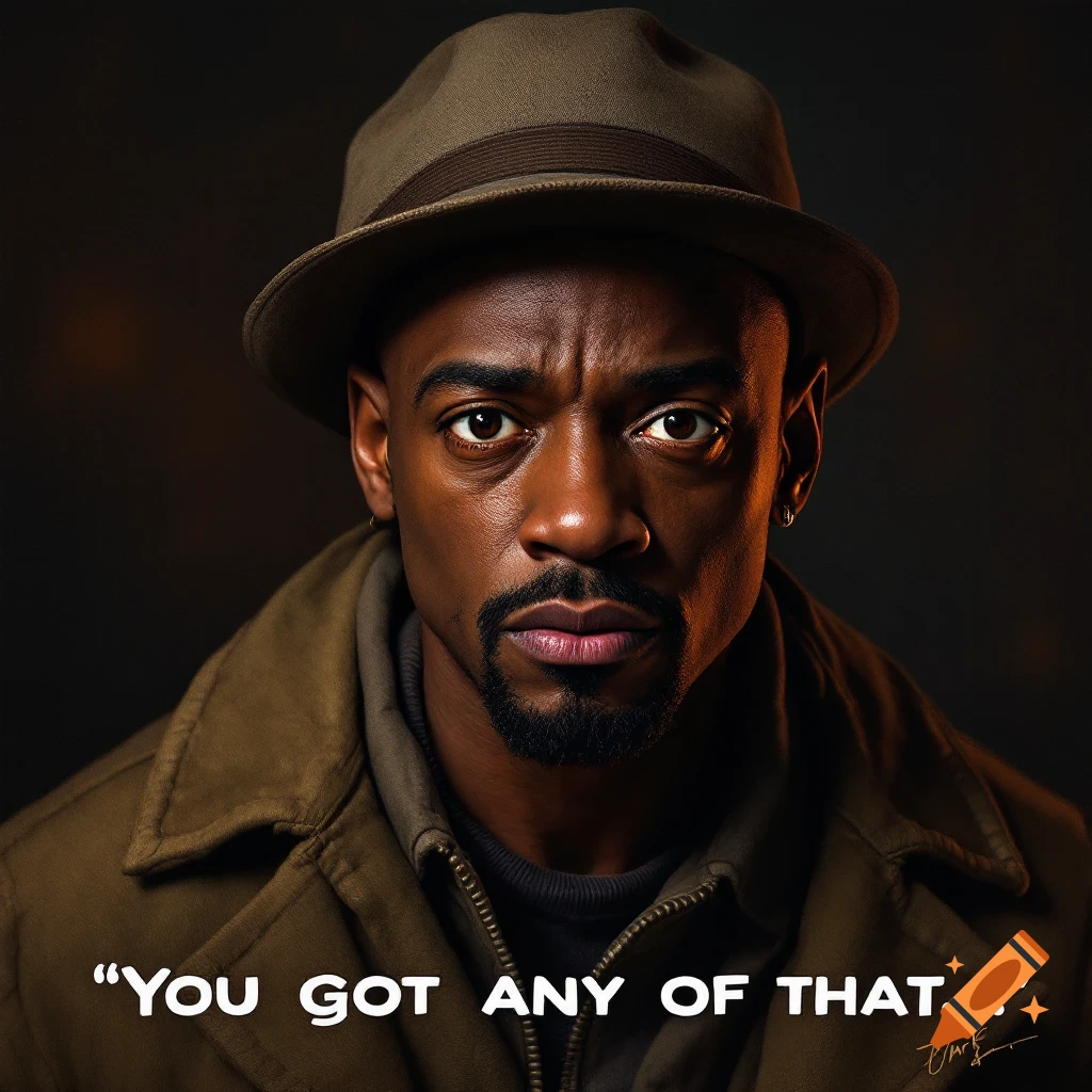 Photorealistic portrait of a man resembling Tyrone Biggums in a hat and coat, with the text 'YOU GOT ANY OF THAT....'