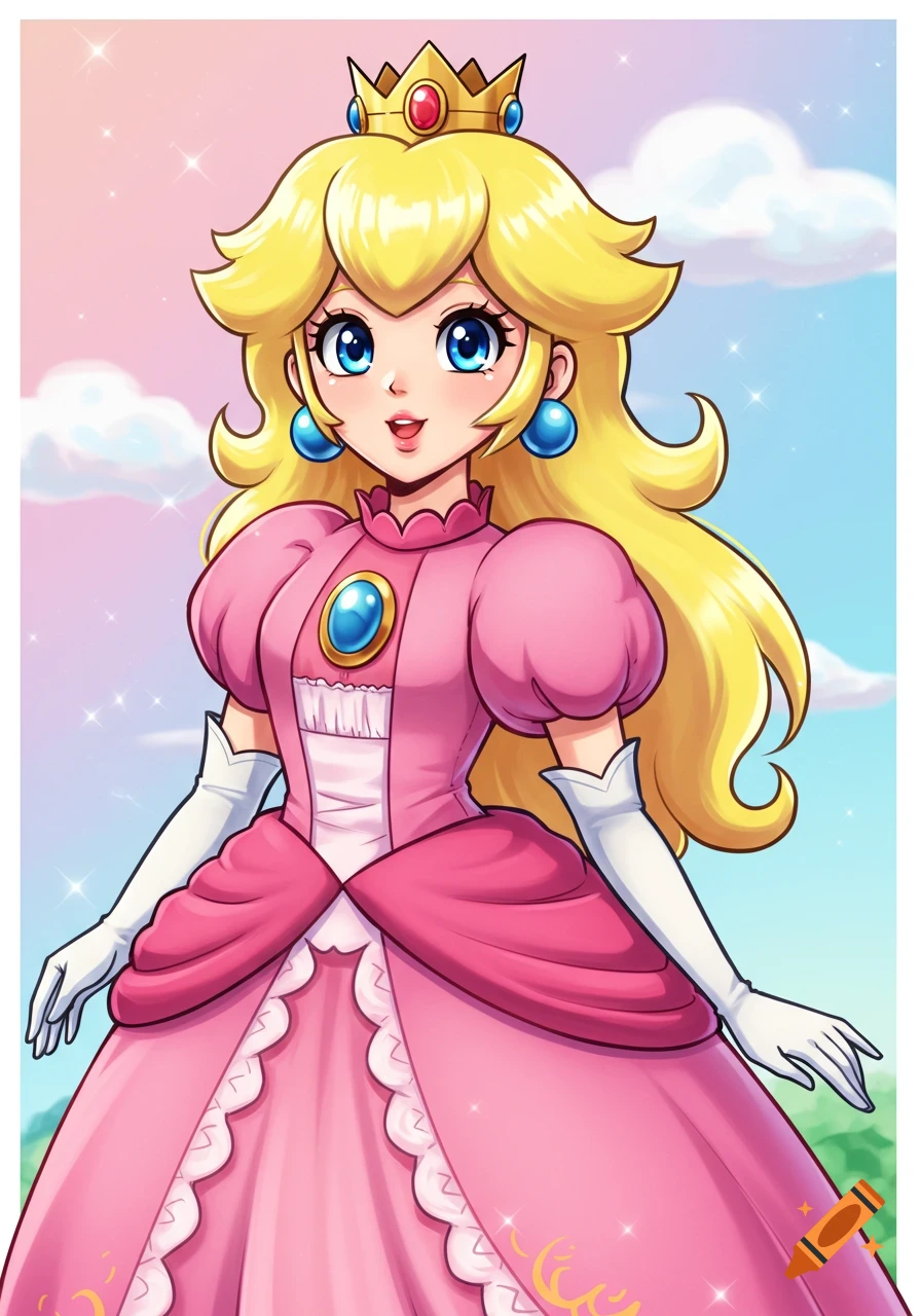 Princess Peach in a pink dress and crown, rendered in anime art style against a sky background.