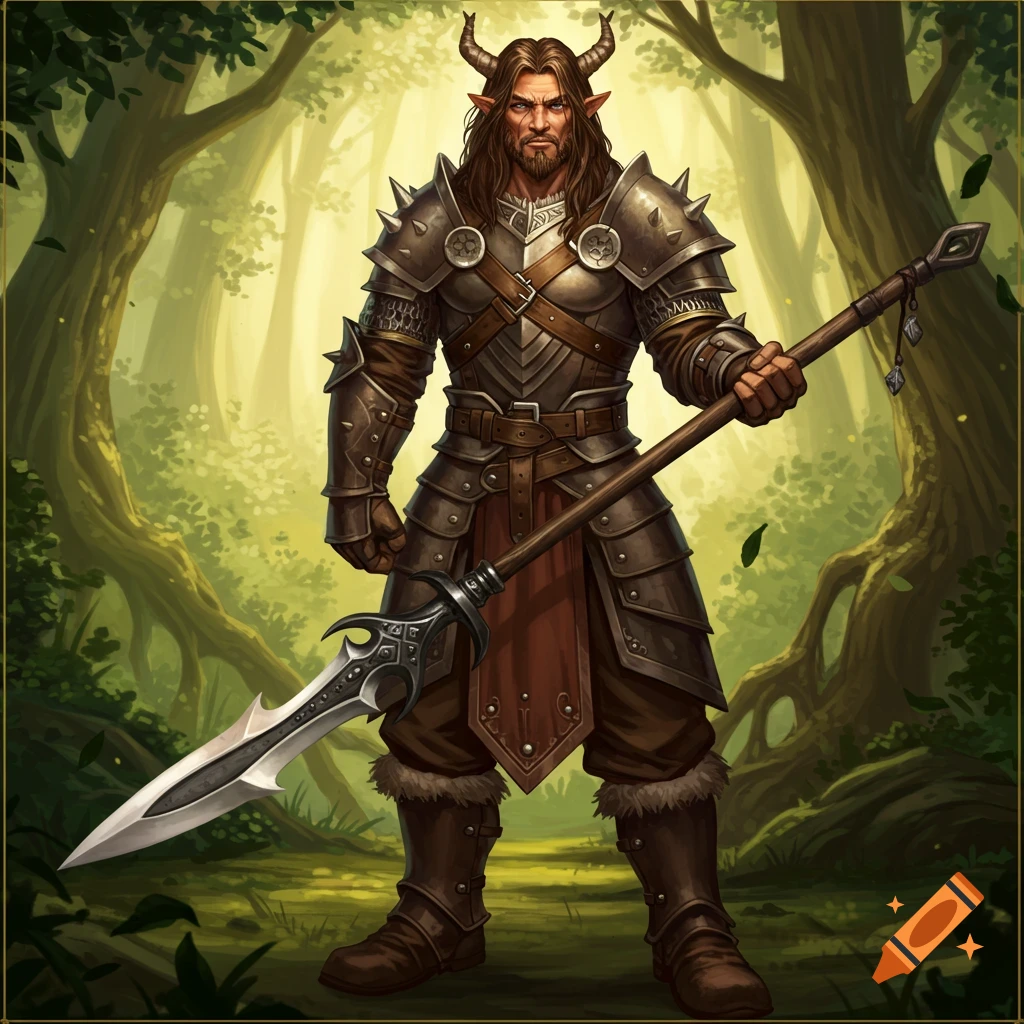 A male firbolg in studded leather armor stands in a forest, holding a glaive.
