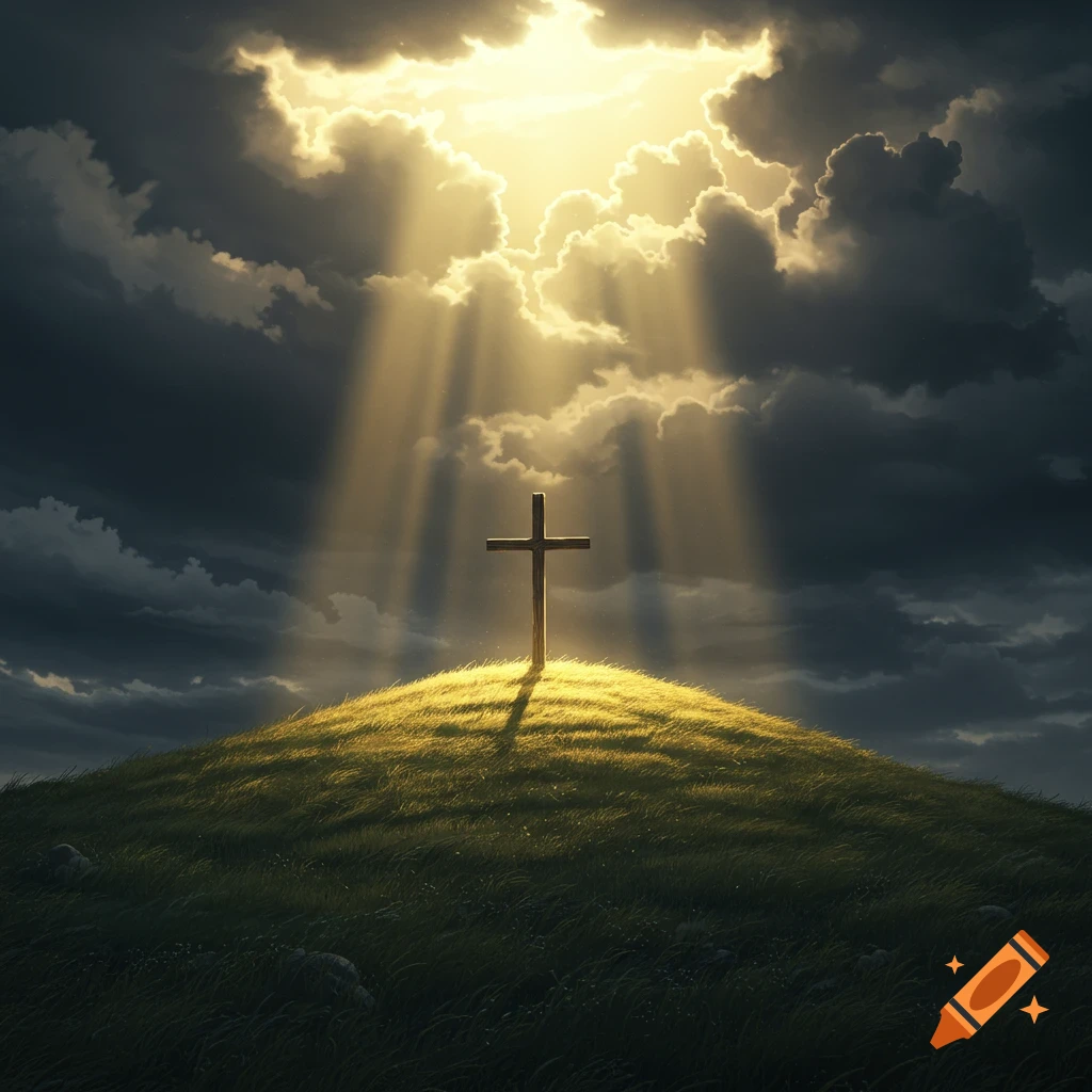 A cross on a hill under dramatic clouds with golden light rays