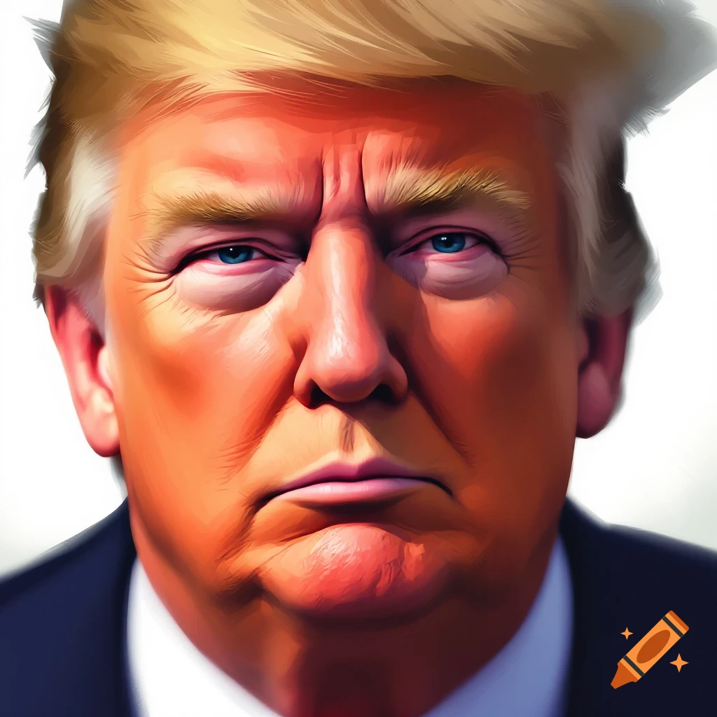 Close-up illustrative portrait of Donald Trump with a stern expression