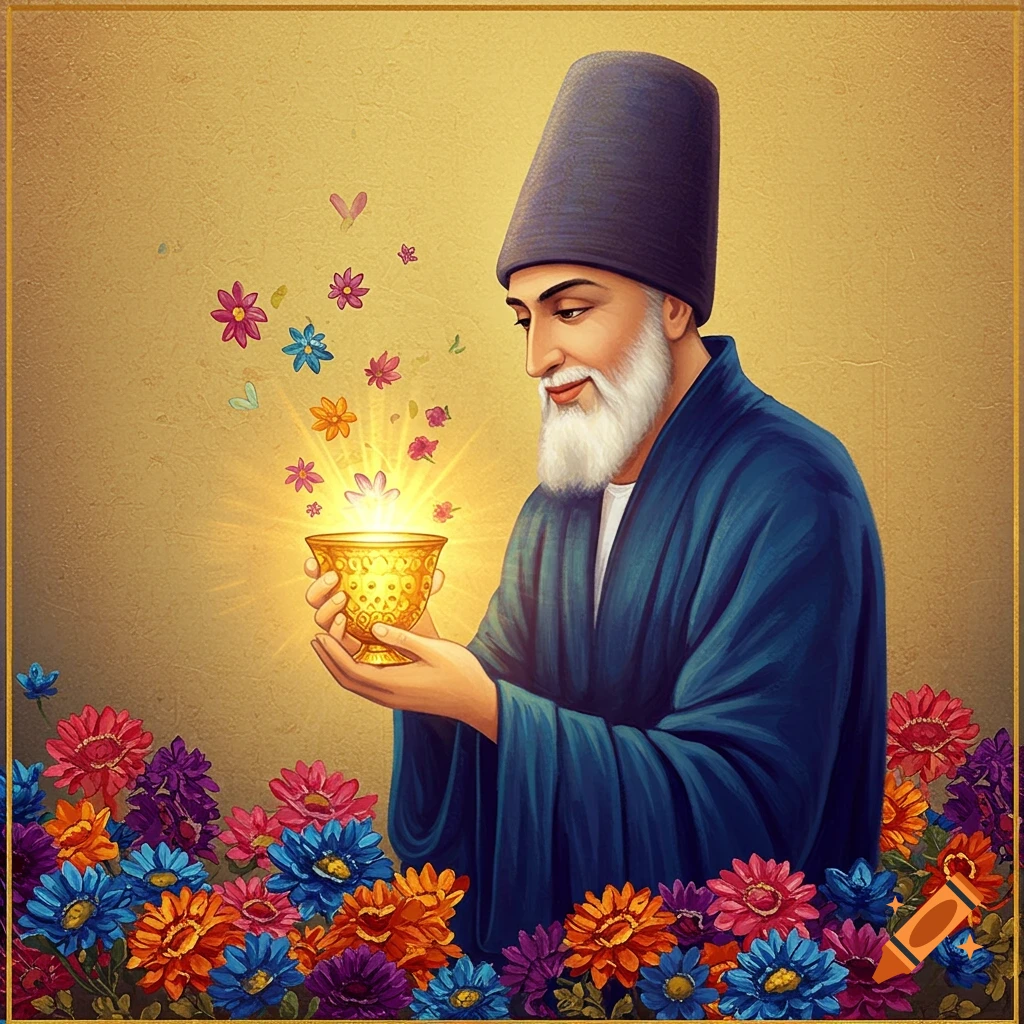 A man with a white beard and tall hat holds a glowing golden cup, surrounded by colorful flowers, in an artistic style.