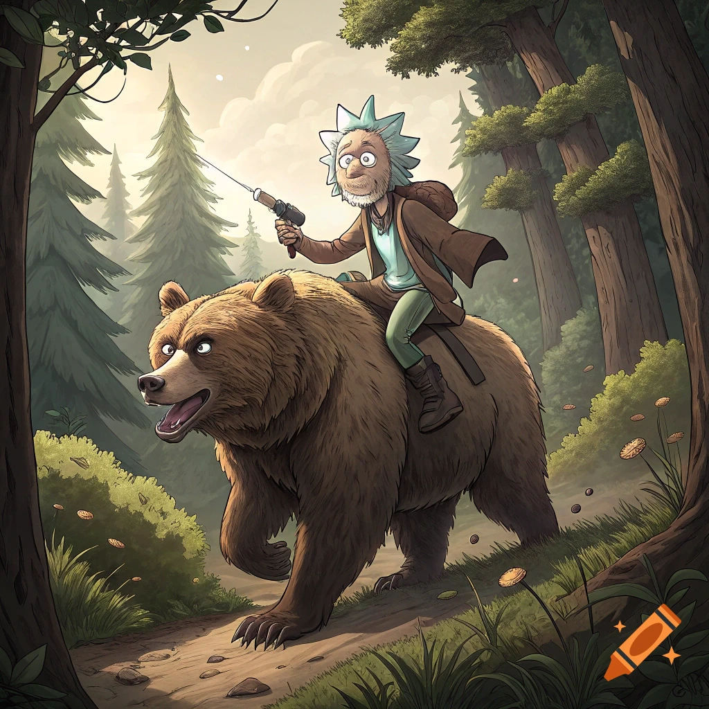 Cartoon illustration of Rick Sanchez riding on the back of a bear through a forest.