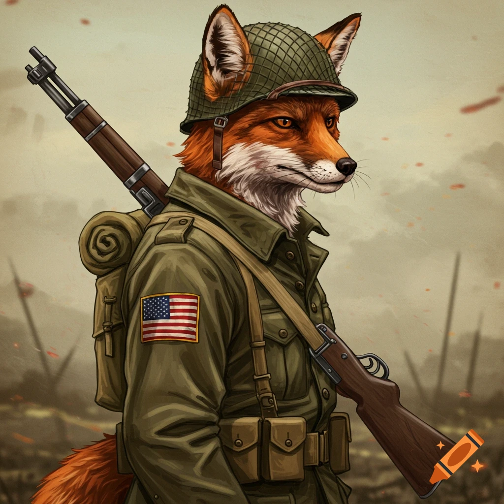 An anthropomorphic fox in a soldier uniform with a rifle and backpack on a battlefield.