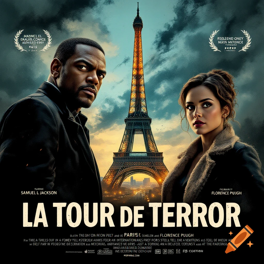 Movie poster for 'La Tour de Terror' starring Samuel L Jackson and Florence Pugh as international agents in Paris