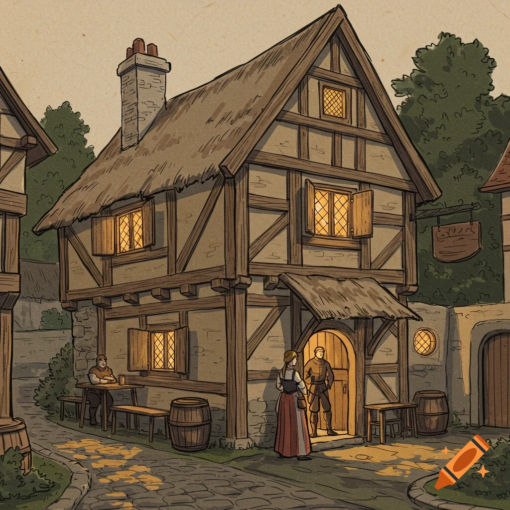An illustration of a medieval tavern with thatched roof and timber framing, with people outside.