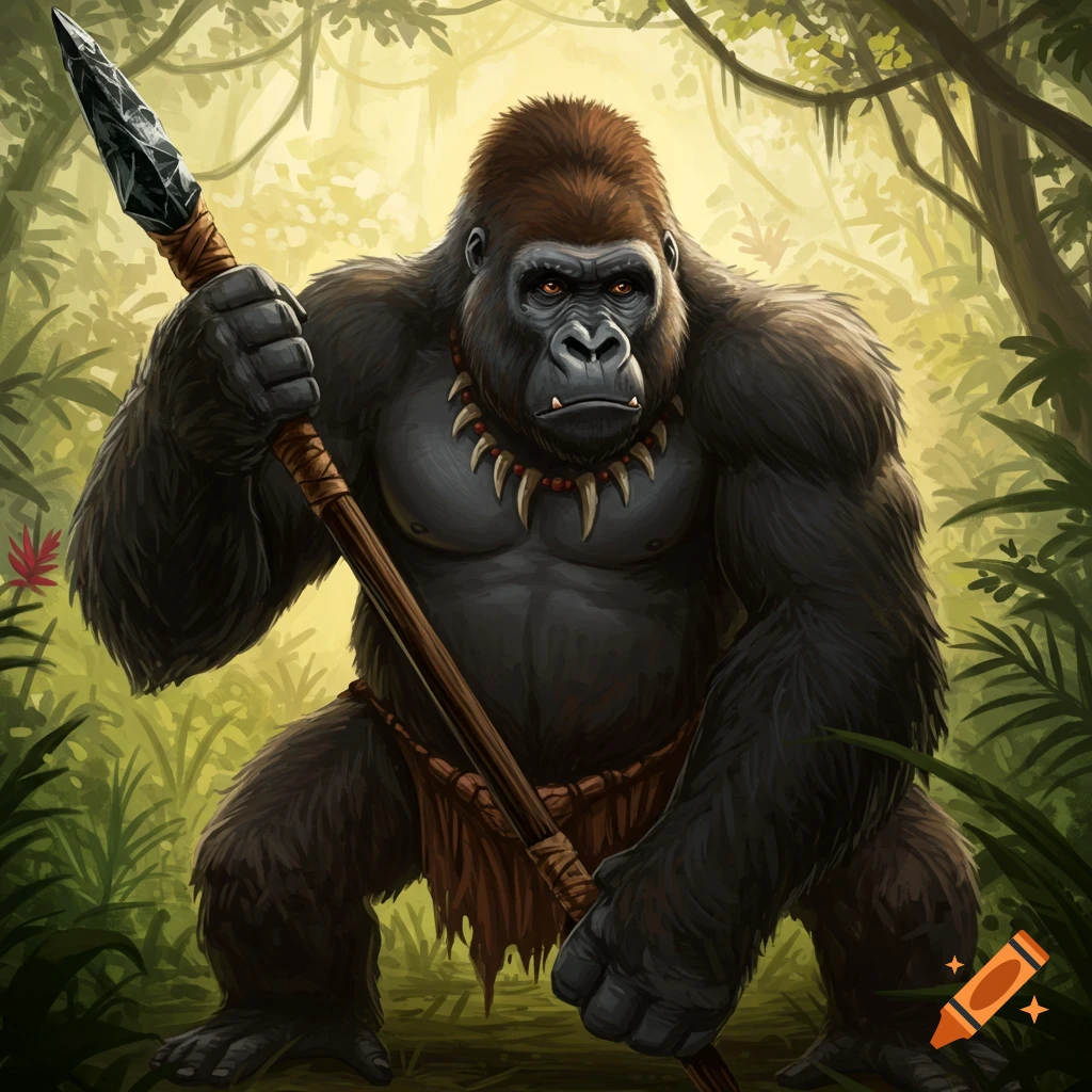 A fantasy illustration of a muscular gorilla warrior holding a spear in a jungle.