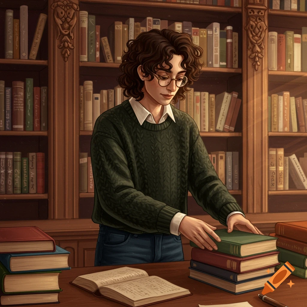 Illustration of a person with glasses and curly hair in a library, arranging books on a table.