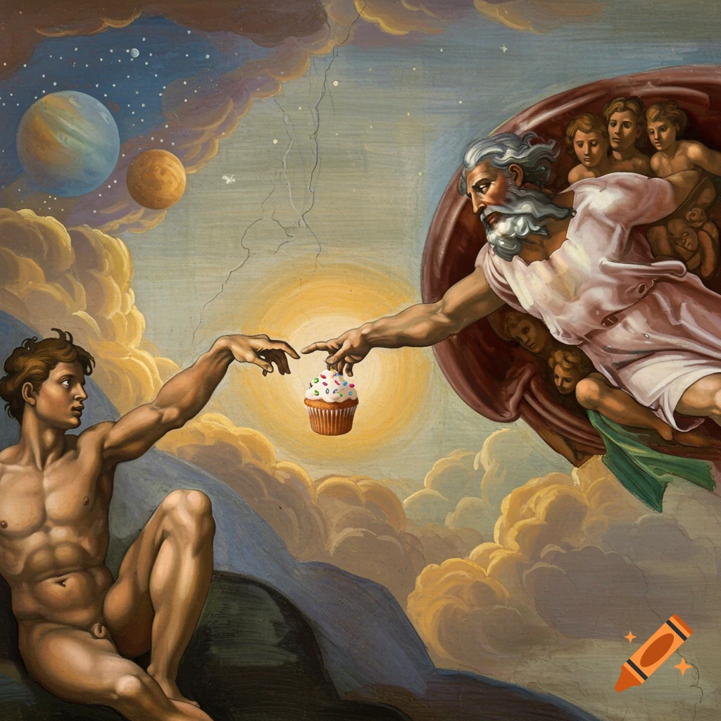 A painting parody of The Creation of Adam, where God's finger touches a cupcake held out to Adam.
