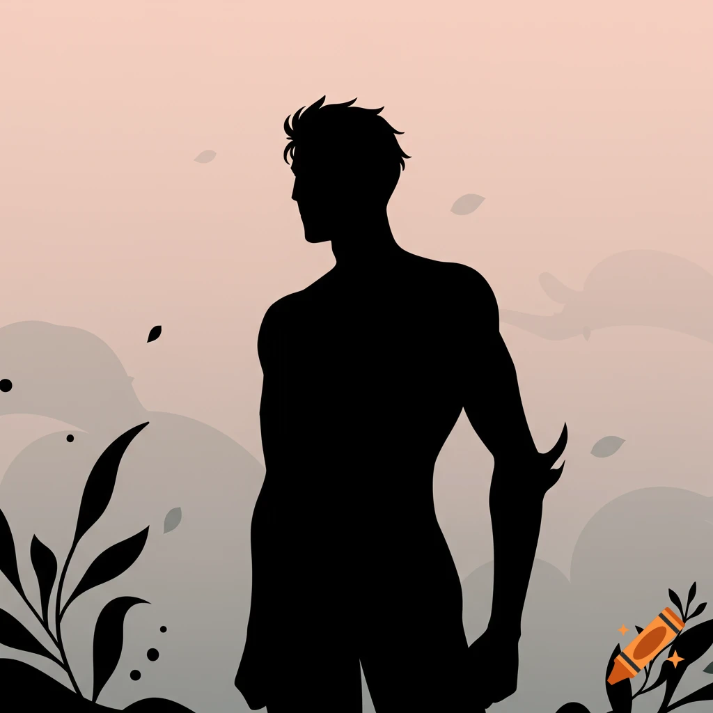 Ghibli-inspired silhouette of a male character against a gradient sky with floating leaves and plants.