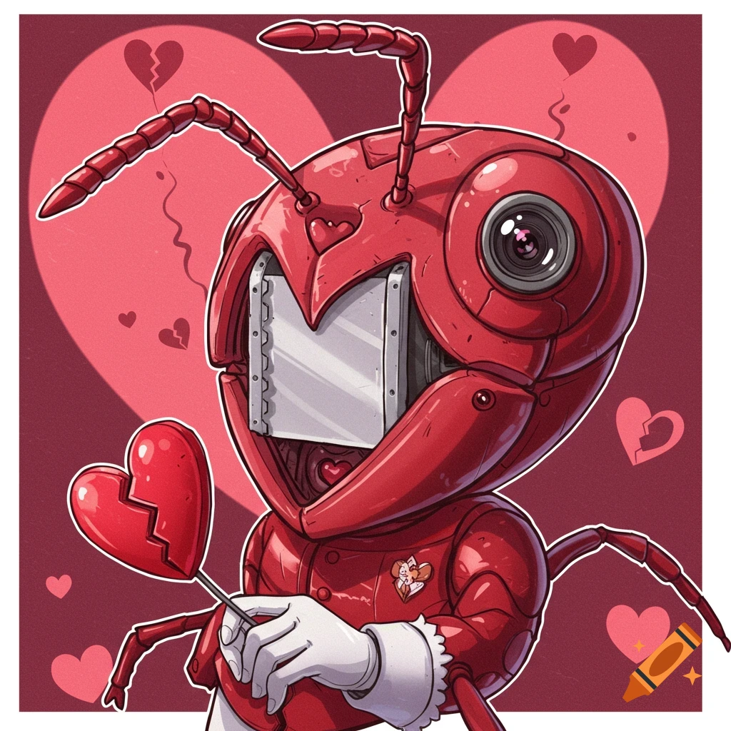Red robot ant holds a broken heart lollipop against a pink background with hearts, cartoon style.
