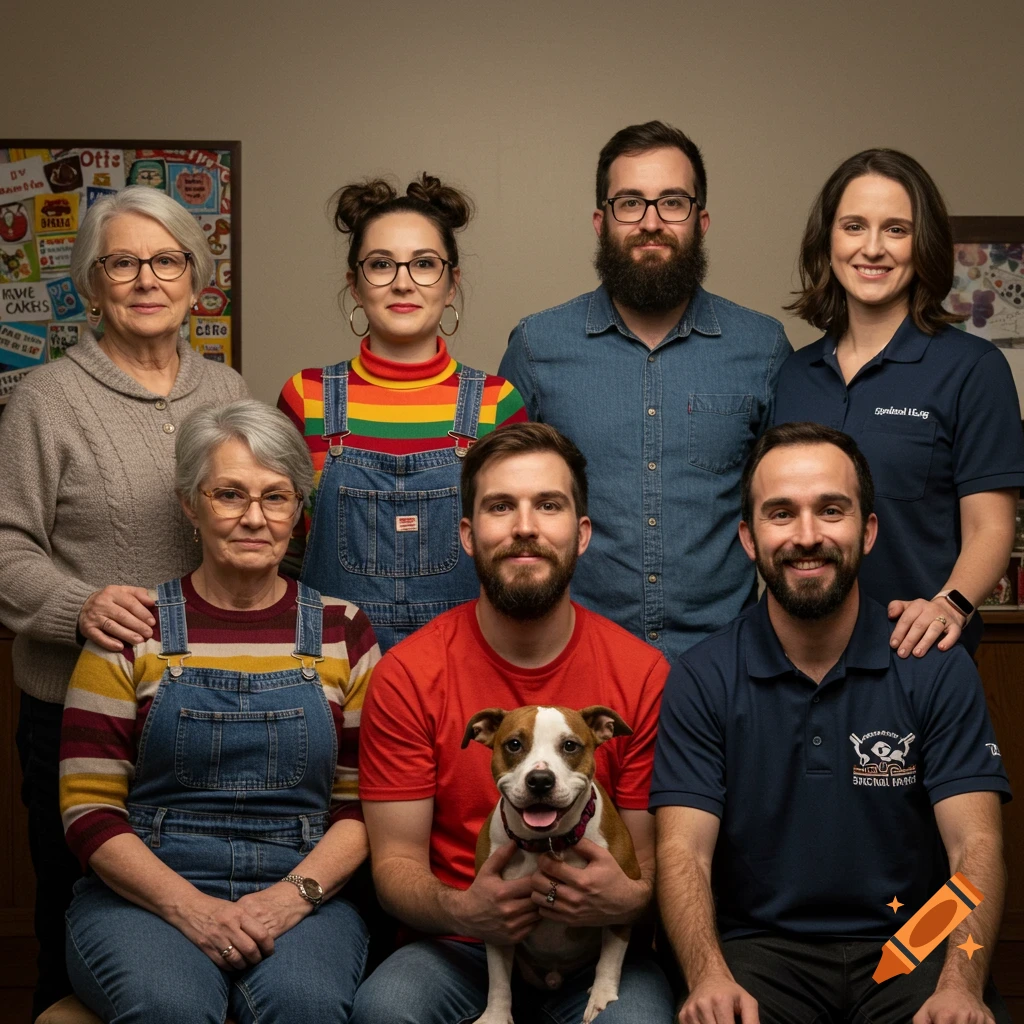 An awkward family portrait featuring people of various ages and a small brown and white dog sitting together. Photorealistic style.