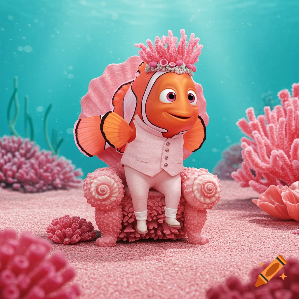 An animated clownfish in a pink suit and crown sits on a seashell chair underwater.