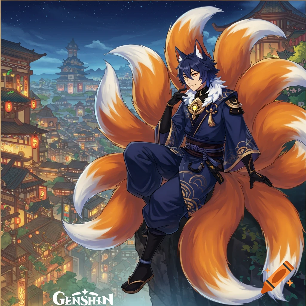 Anime illustration of a fantasy male kitsune with six tails sitting overlooking a traditional Japanese city at night.