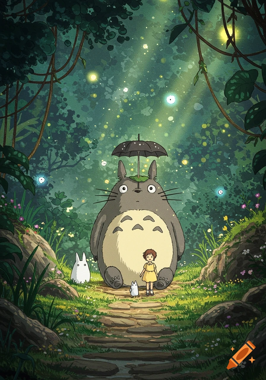 Totoro, a girl, and small creatures stand on a forest path with fireflies in Studio Ghibli style.