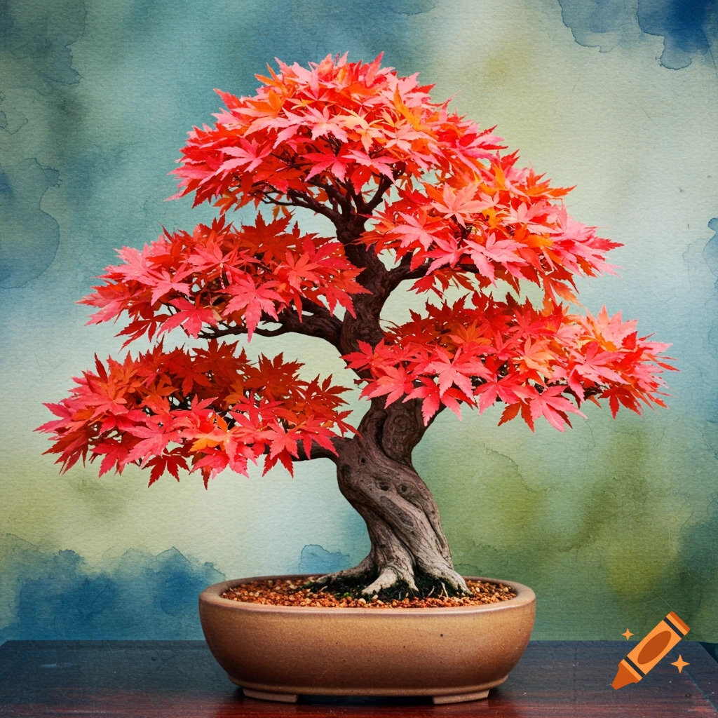 A bonsai tree with bright red leaves in a pot against a blue and green watercolor background.