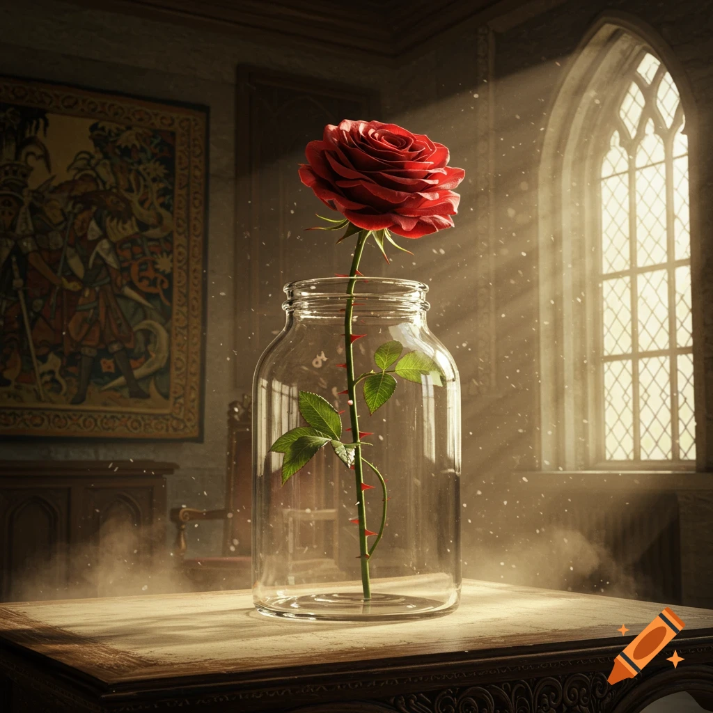 A single red rose with thorns in a glass jar on a table in a sunlit room with a tapestry and arched window.