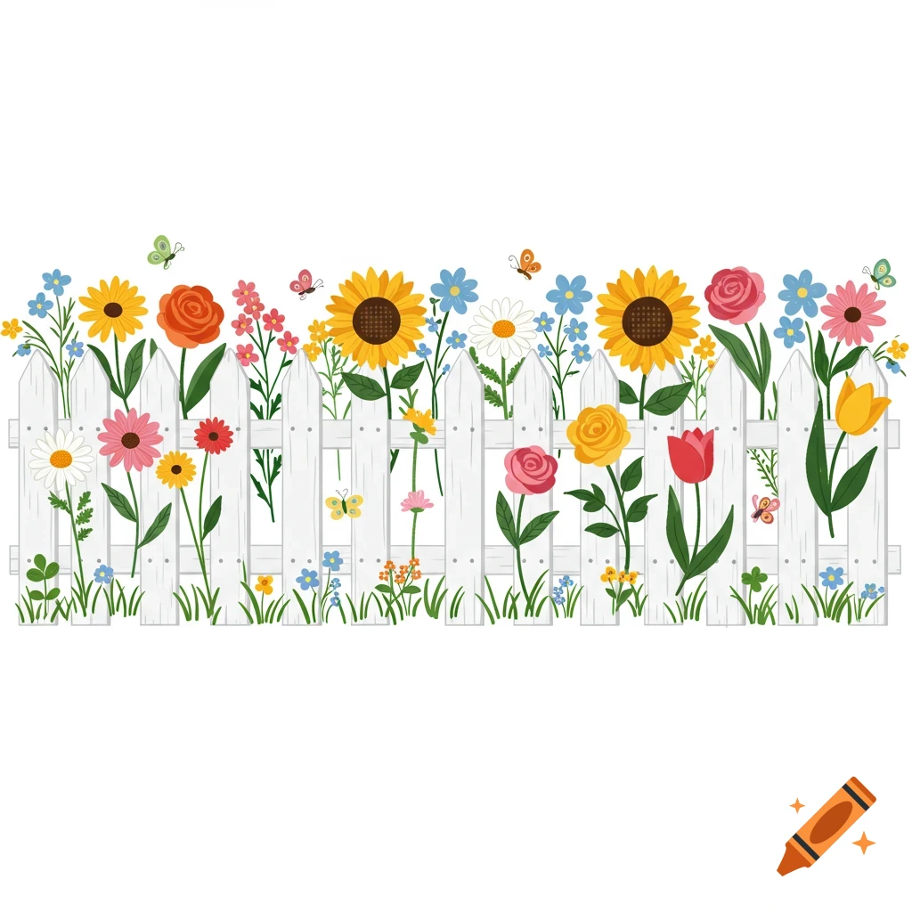 A white picket fence border with colorful flowers and butterflies in a clipart style.