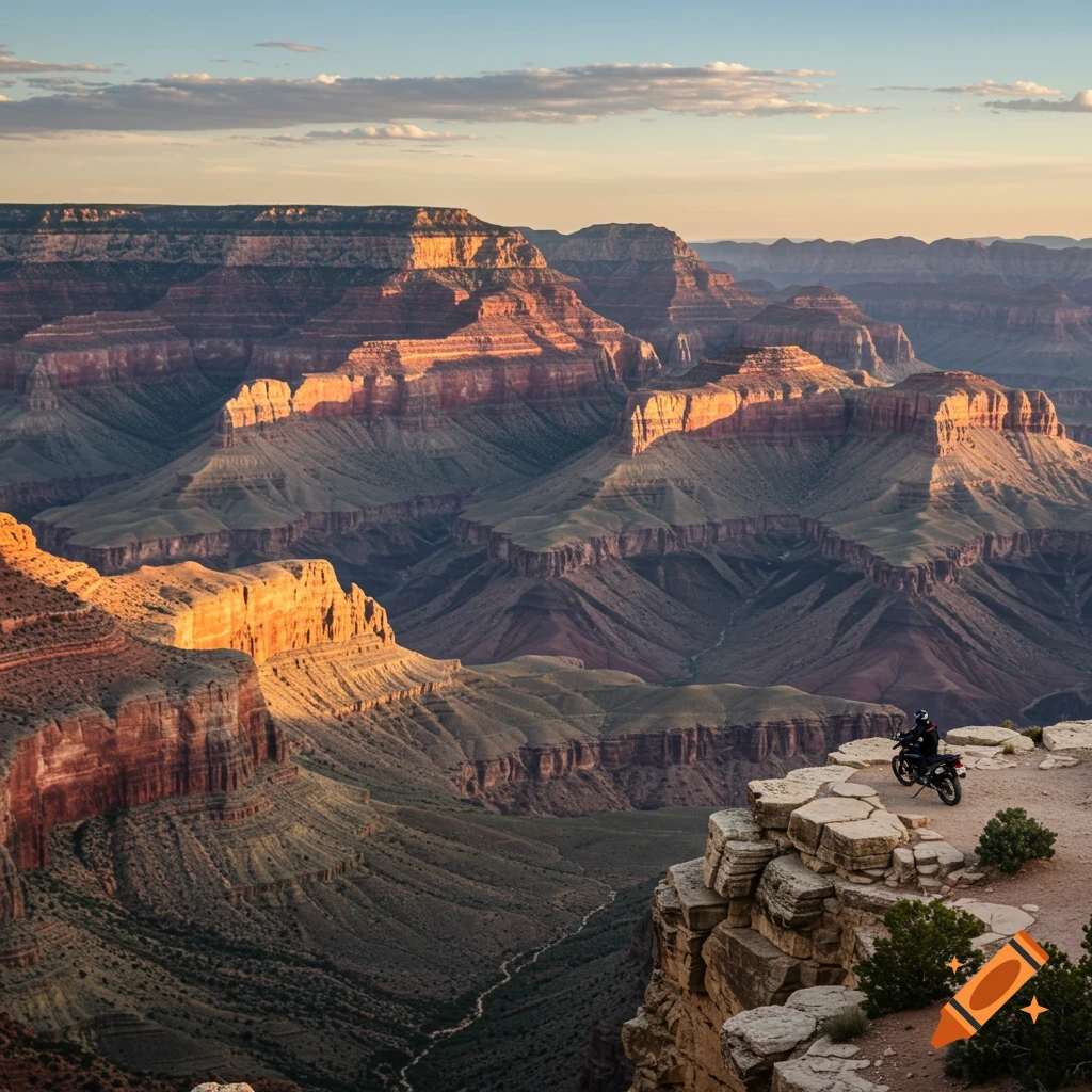 A person sits on a motorcycle on the edge of a cliff overlooking the Grand Canyon at sunset.
