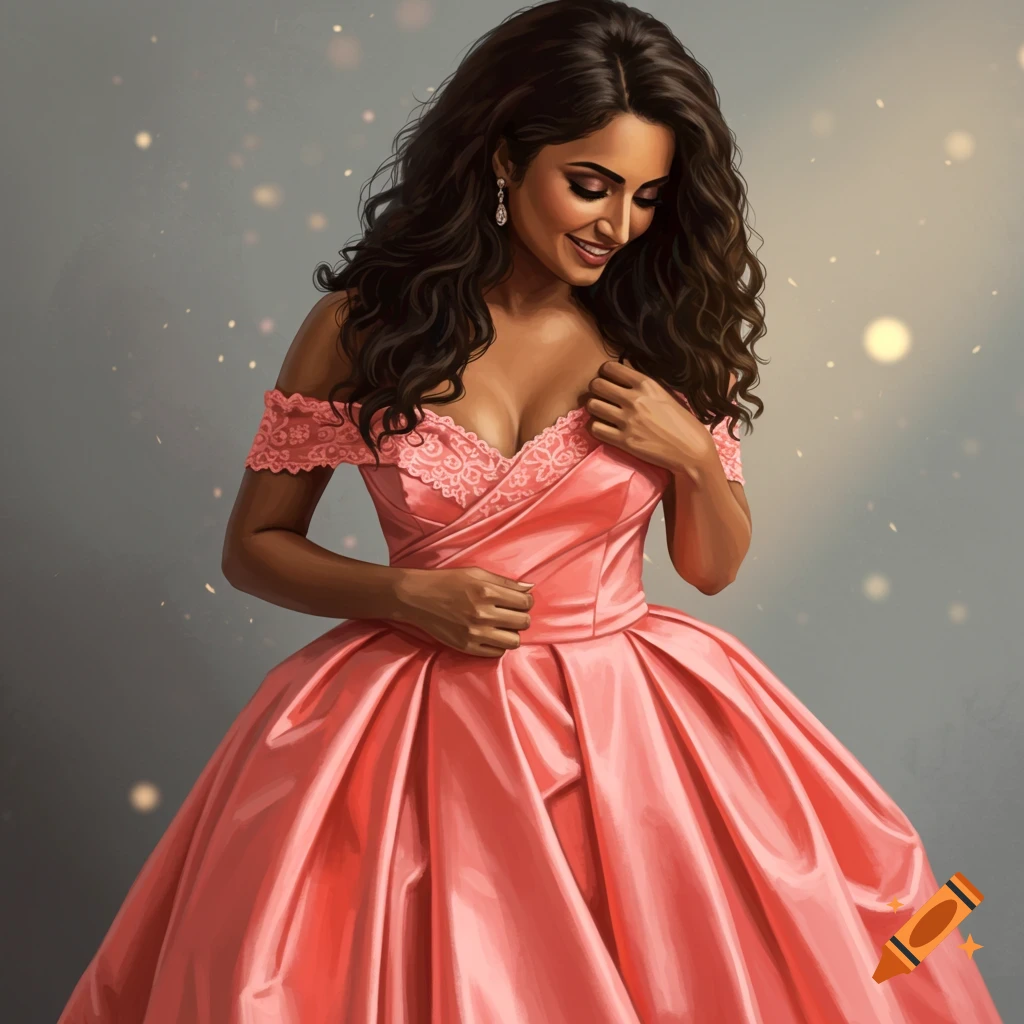 Illustrative portrait of a woman in a pink satin ball gown, smiling and touching the fabric.