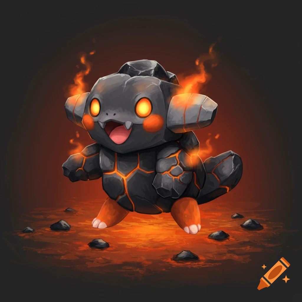 Small rock creature with glowing orange cracks and eyes, surrounded by fire.