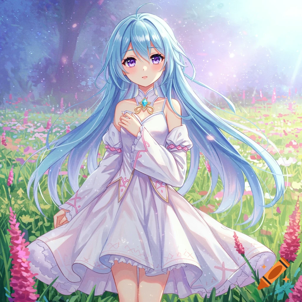 An anime girl with long blue hair and purple eyes wears a white dress in a sunlit field of flowers.