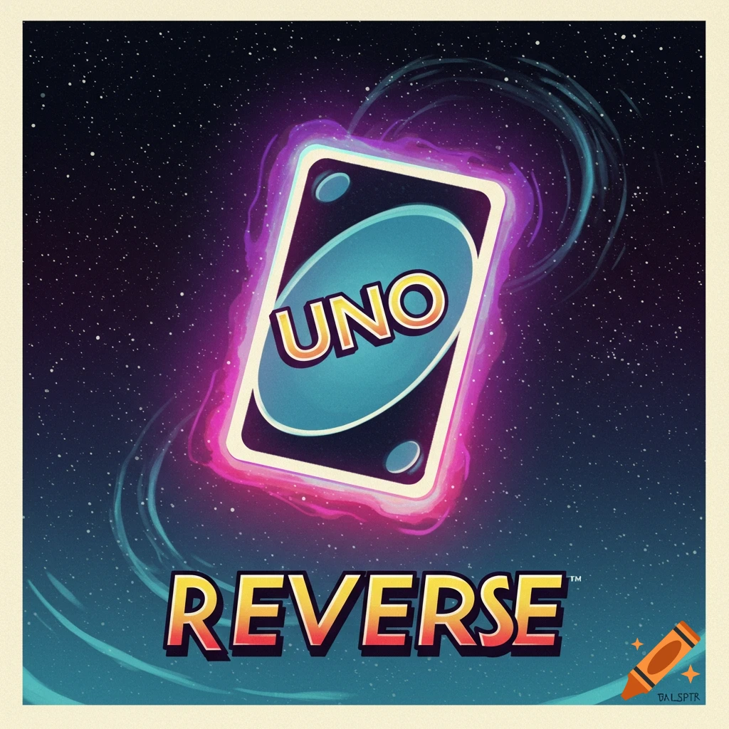 Illustration of an UNO Reverse card floating in space with the word REVERSE below it.